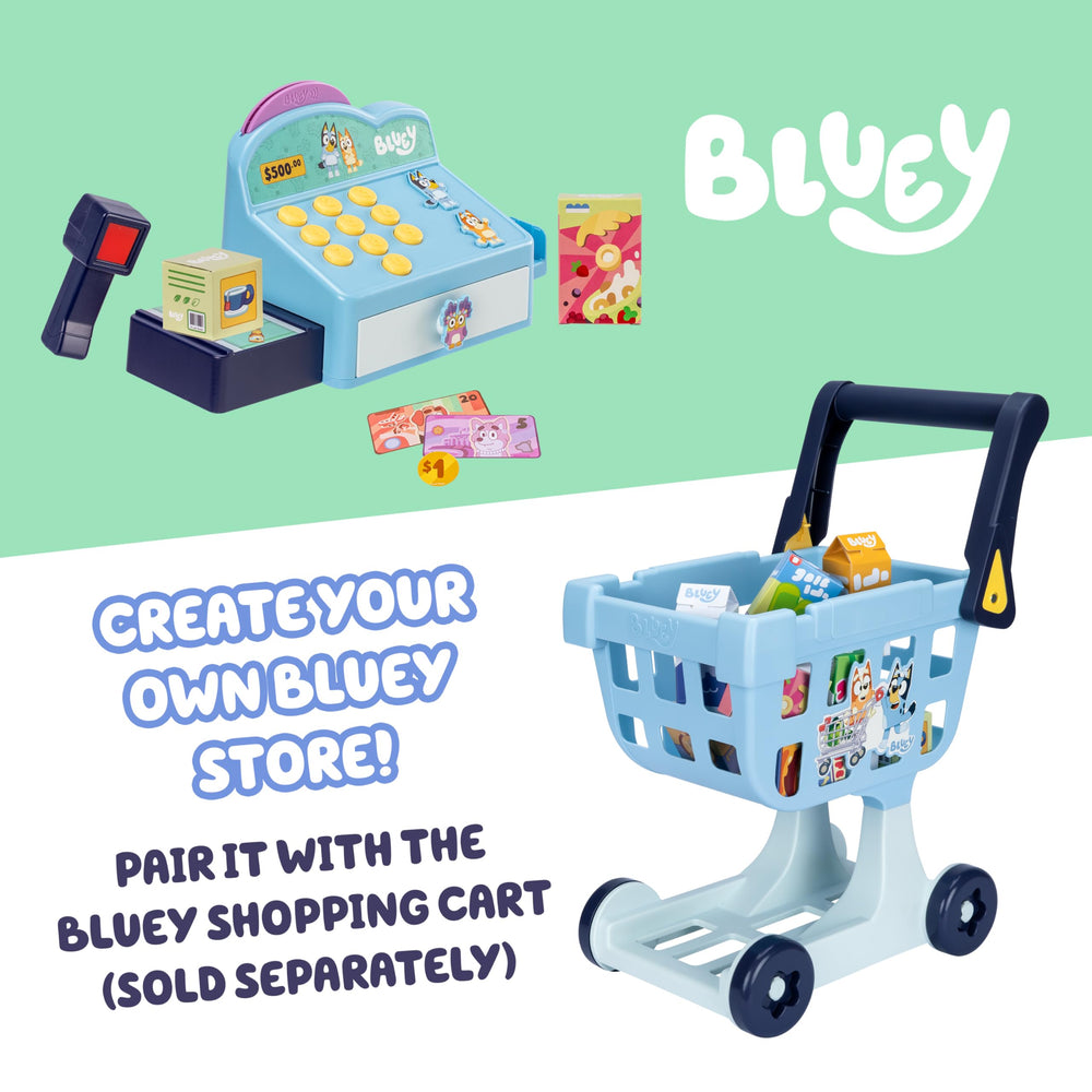 Bluey cash register playset includes a storage drawer to tidy play money