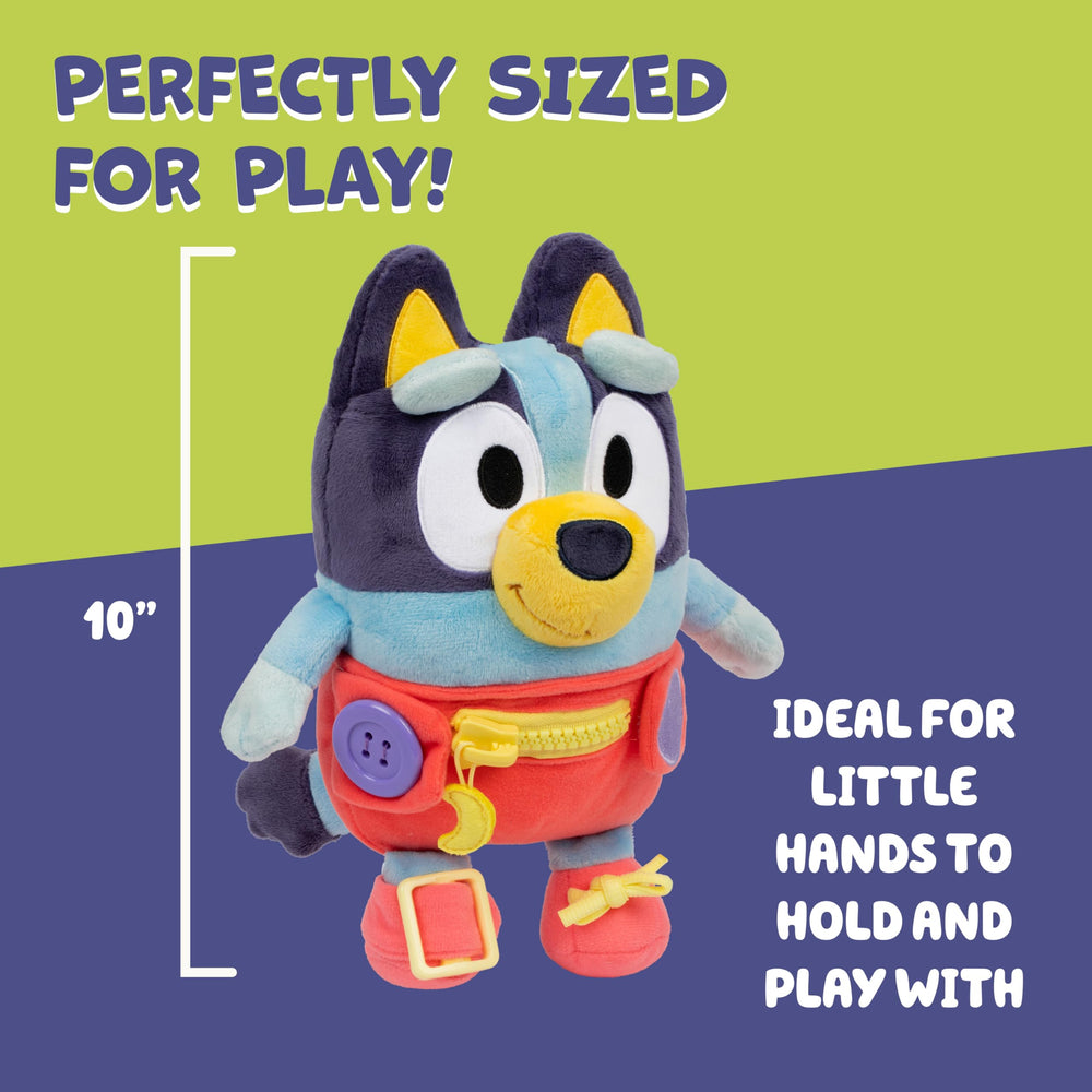 Bluey Dress and Play plush stands 10 inches tall for easy grasping by small hands.