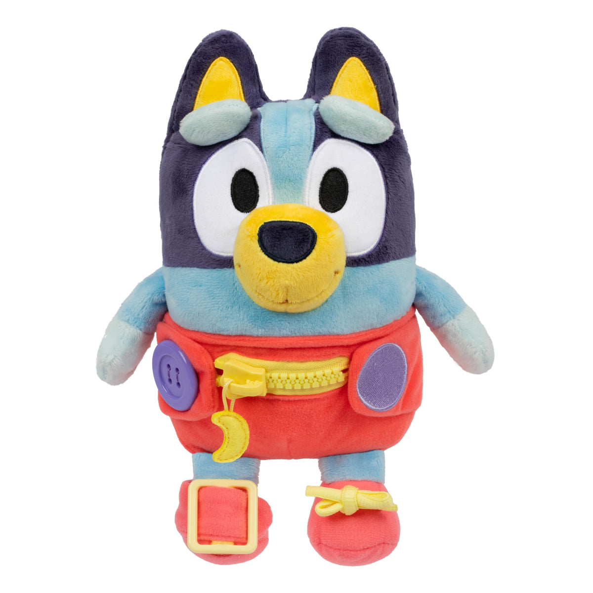 Bluey Dress and Play plush with diaper button helps toddlers practice dressing skills.
