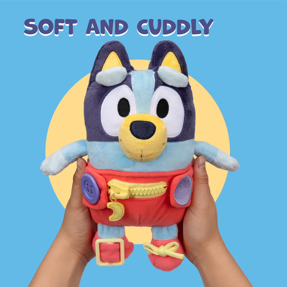 Bluey Dress and Play plush with shoelaces promotes tying practice and dexterity.