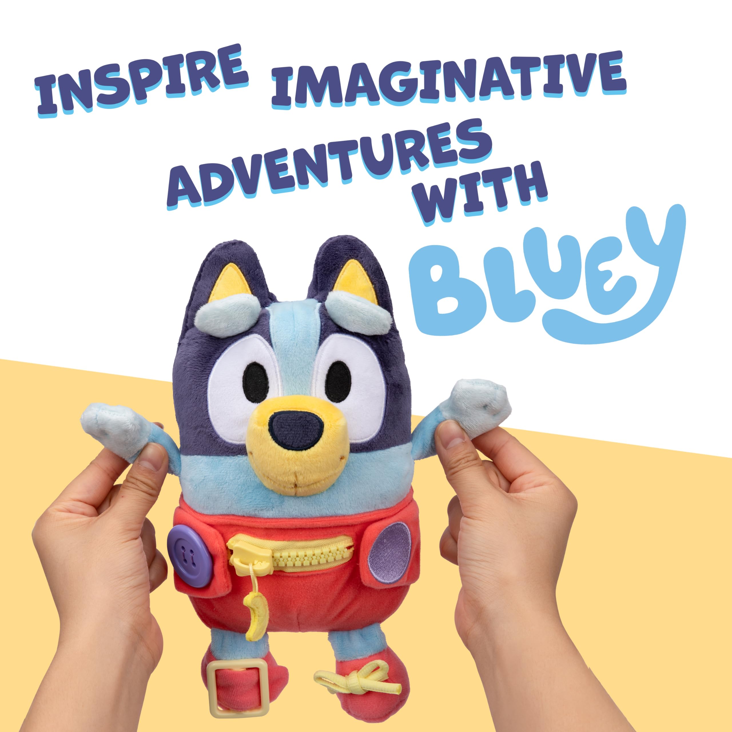Bluey Dress and Play plush uses soft deluxe fabric for cuddle-friendly play.