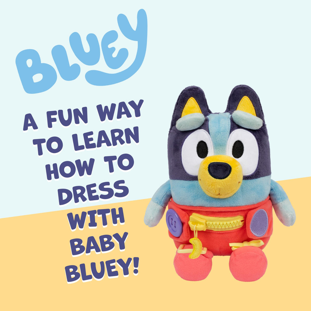 Bluey Dress and Play plush features a zipper to encourage independent dressing.