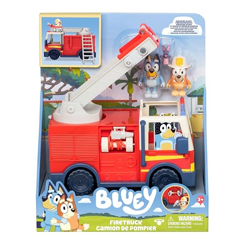 Bluey firetruck features Bluey figure for cooperative storytelling adventures.
