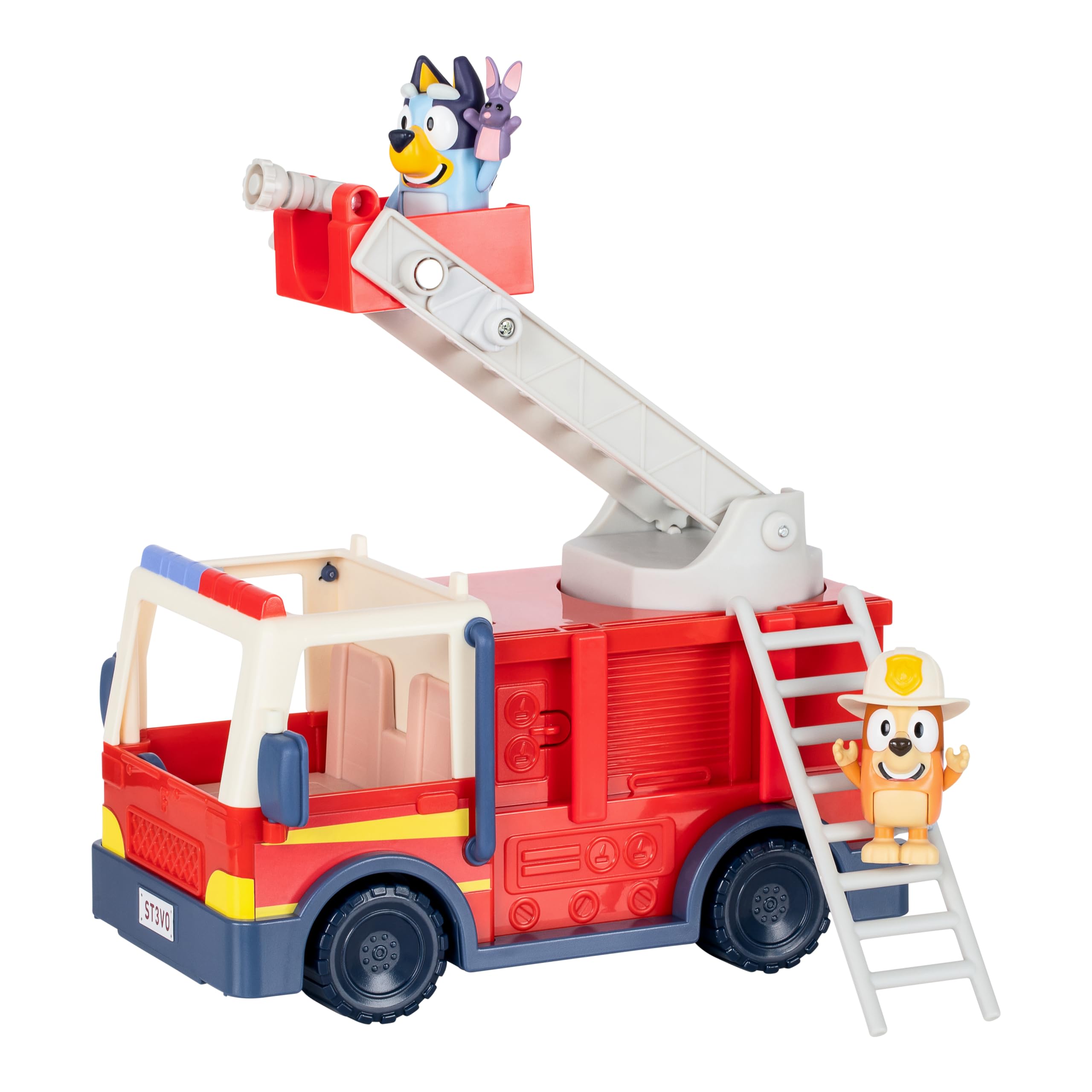 Bluey firetruck side retractable hose adds versatile spray options.