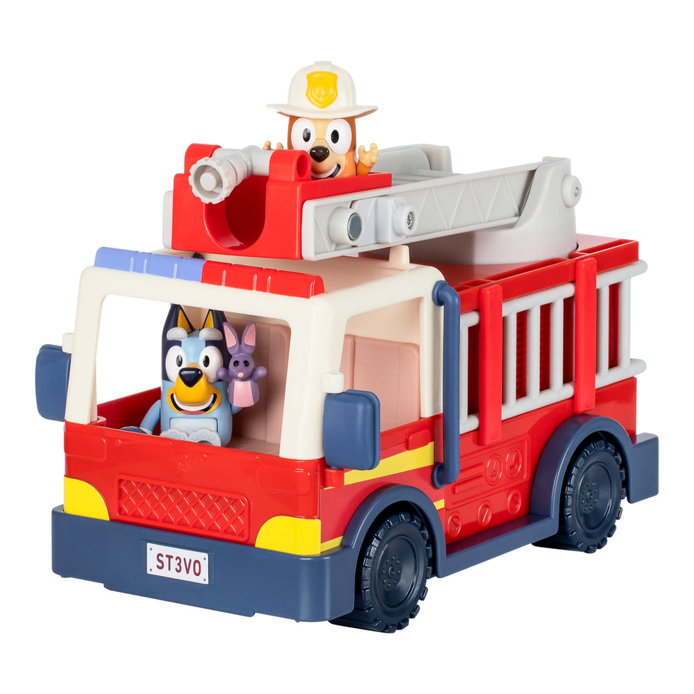 Bluey firetruck with spinning ladder enables high-action rescue play.