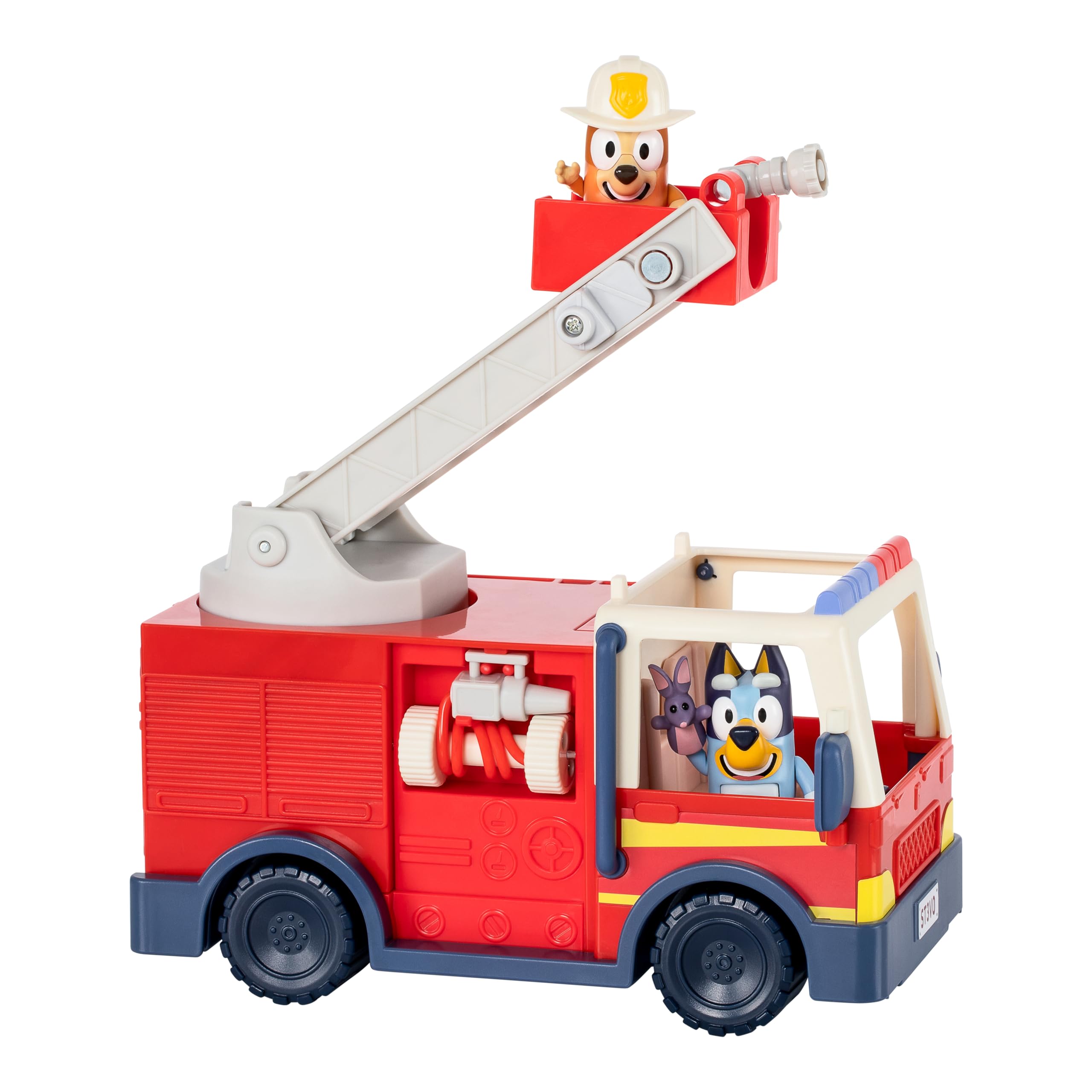 Bluey firetruck top hose supports pretend water spray during missions.