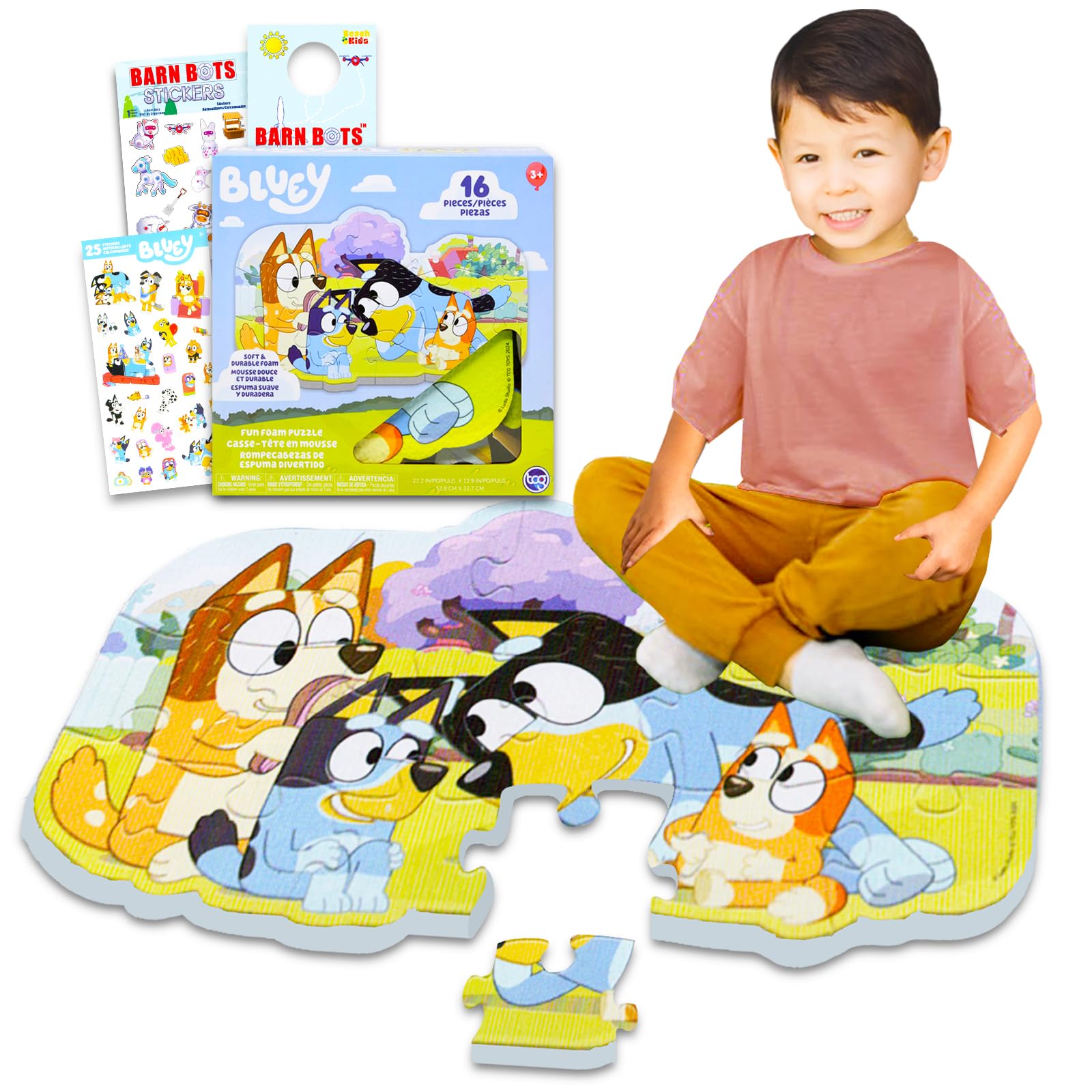 Bluey foam puzzle mat with 16 pieces for floor play and learning.