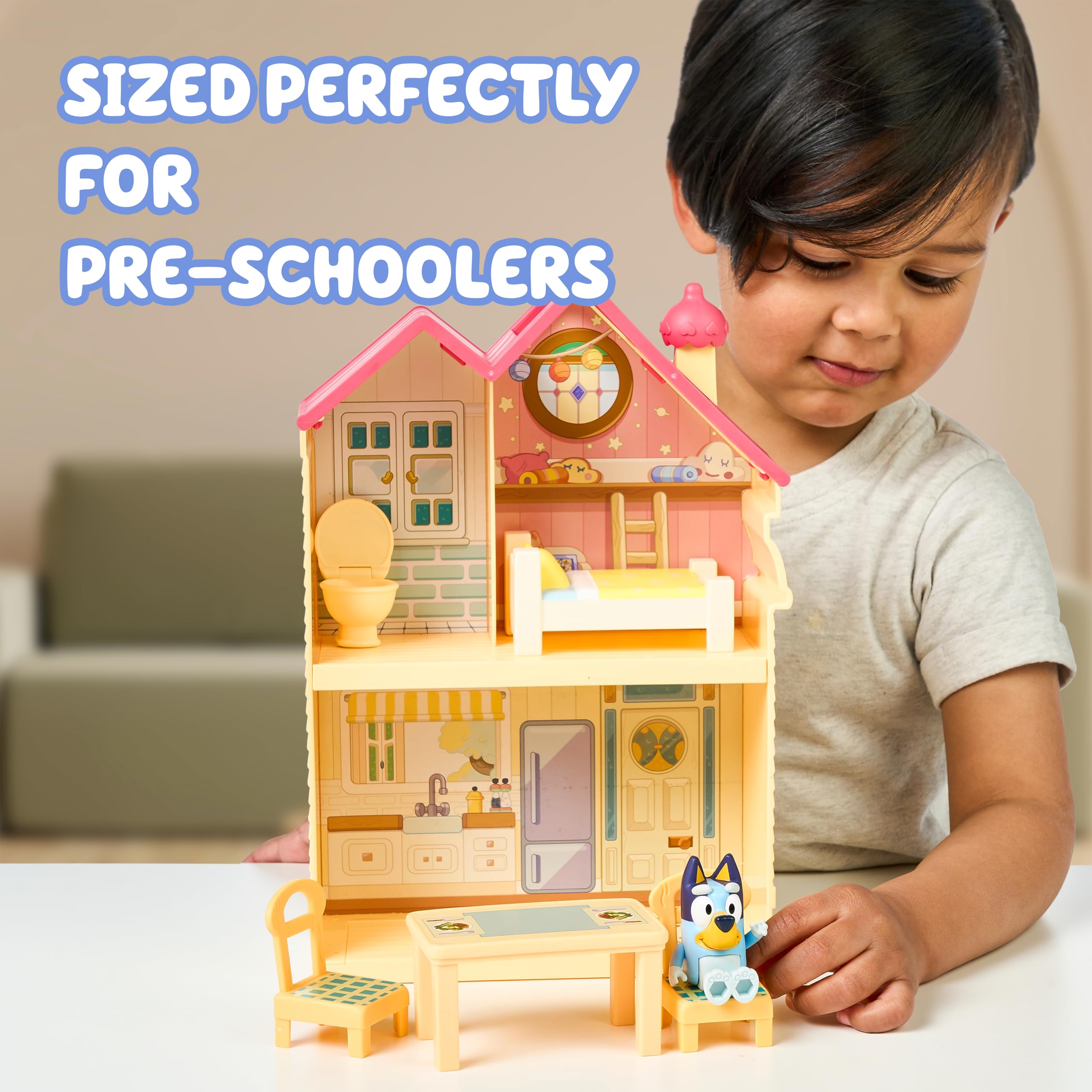 Bluey mini house playset 2.5-inch figure adds familiar character for scenes.
