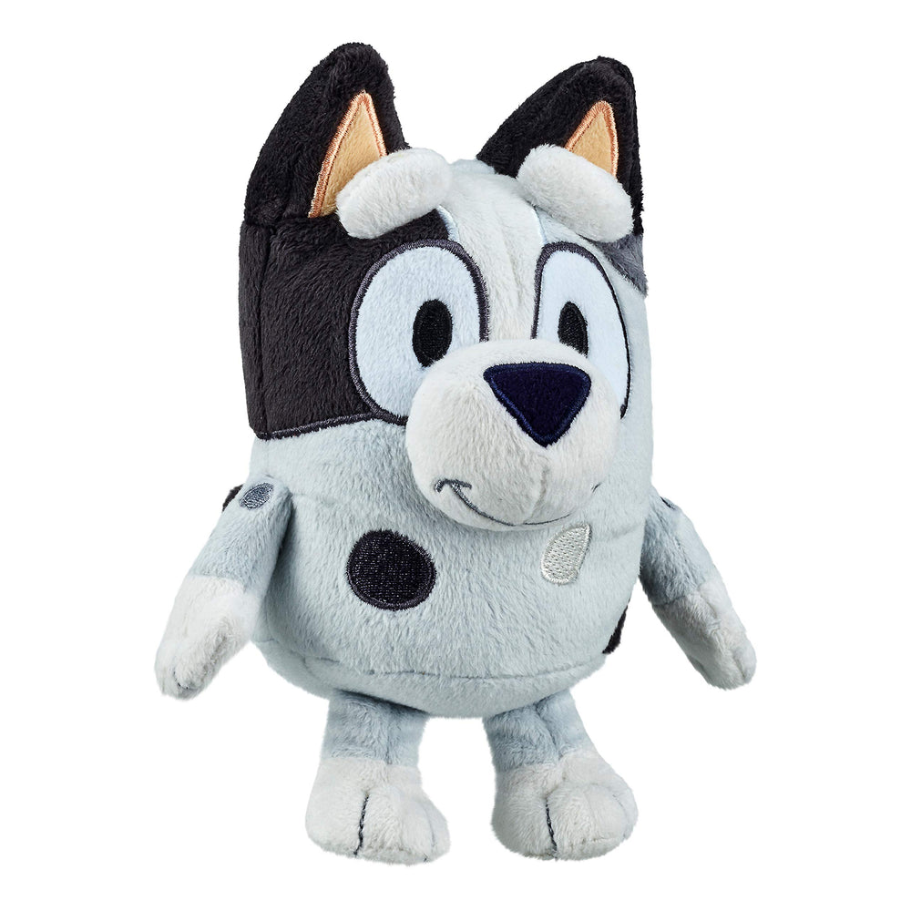 Bluey Muffin plush side view shows portable size for car rides and trips.