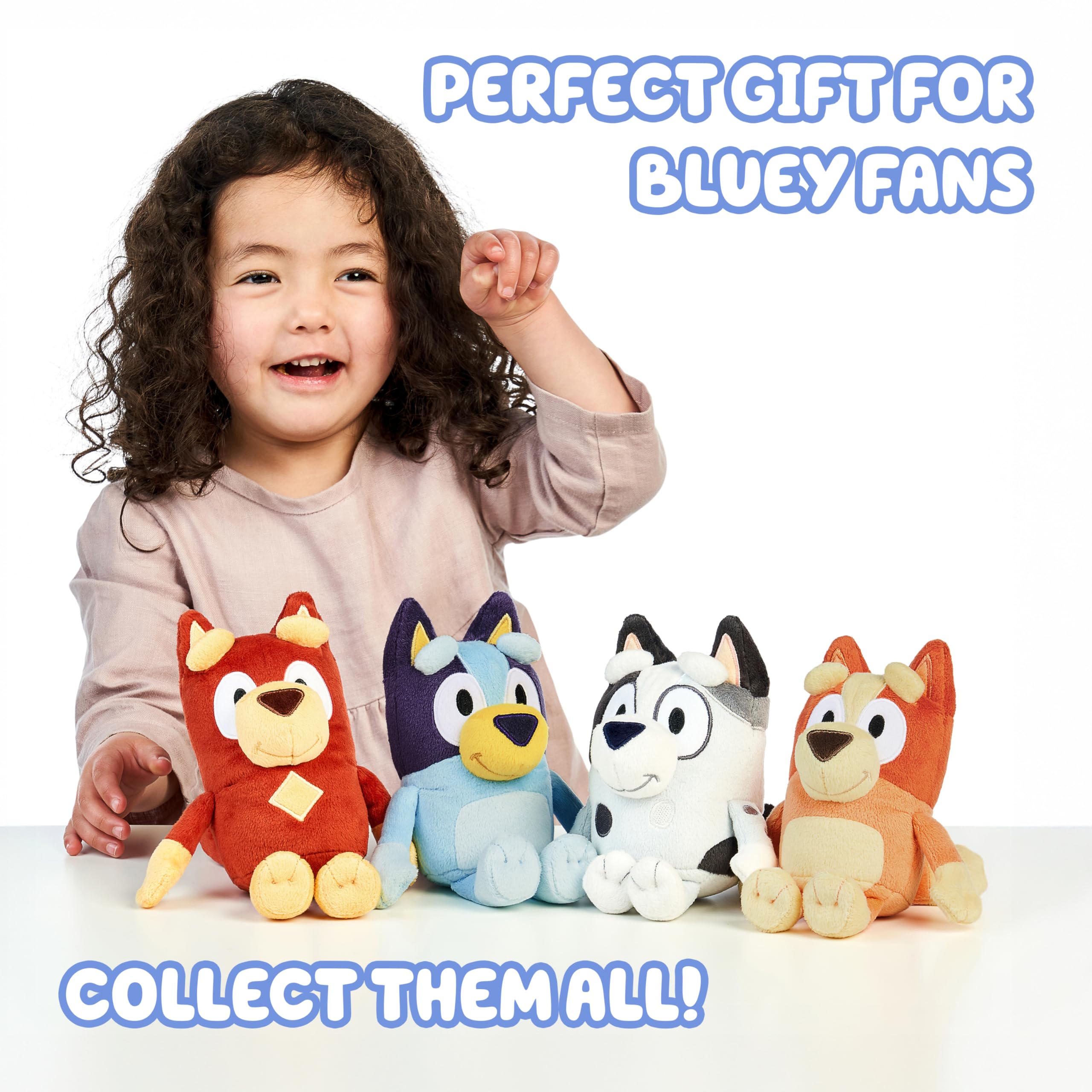 Bluey plush collection displayed on a kid-friendly shelf for easy gifting and display.
