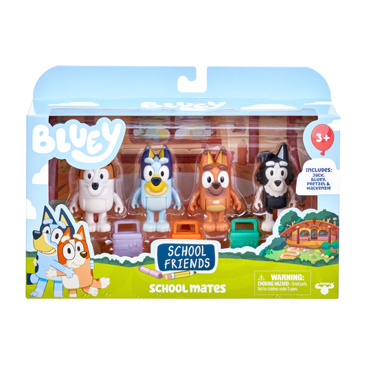 Bluey School Mates four-figure pack for imaginative play and storytelling on the go.