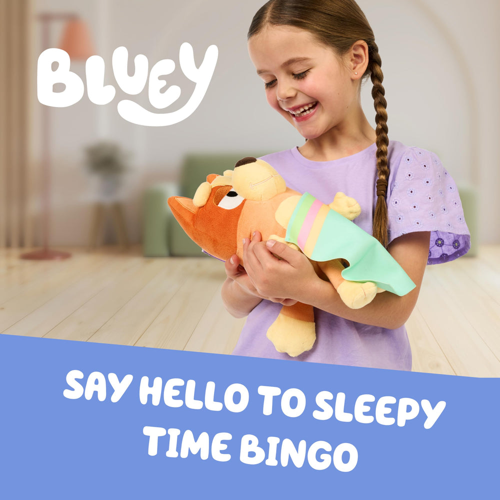 Bluey Sleepy Time Bingo tummy-press action reveals familiar phrases for comfort.