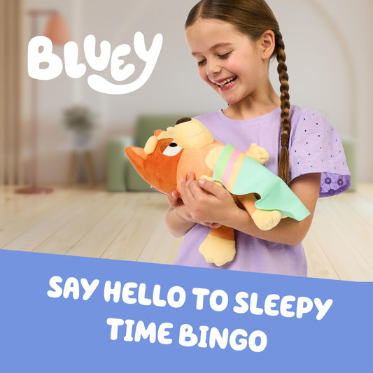 Bluey Sleepy Time Bingo tummy-press action reveals familiar phrases for comfort.