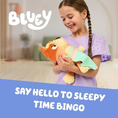 Bluey Sleepy Time Bingo tummy-press action reveals familiar phrases for comfort.