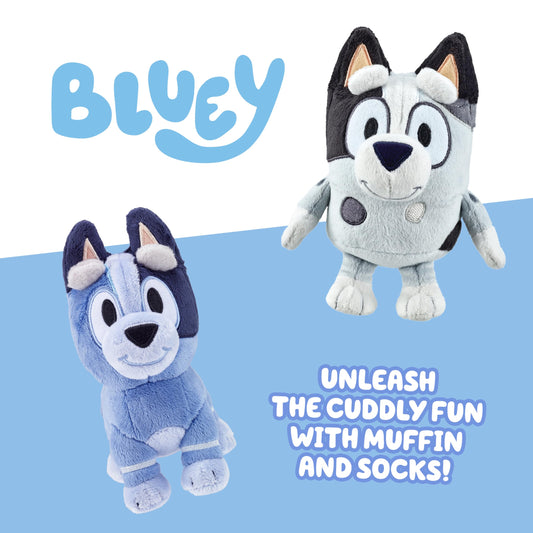 Bluey Socks plush 7.5-inch with detailed embroidery for durable hugs.
