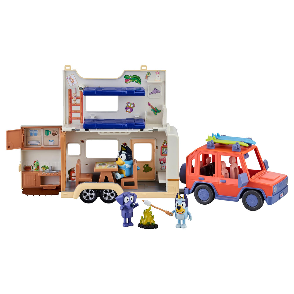 Bluey figures strap onto surfboards for beach-ready play.