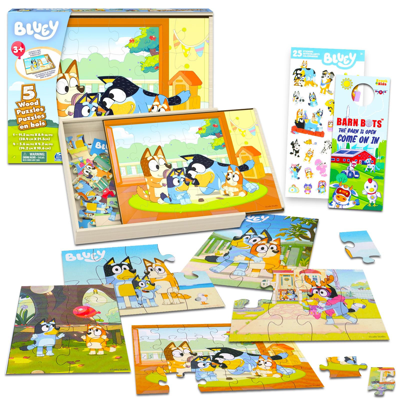 Bluey wooden puzzle set with holding tray for organized, kid-friendly play.