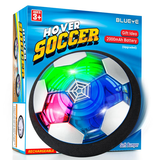 BLUEYE rechargeable hover soccer ball on floor for indoor fun and safe play.