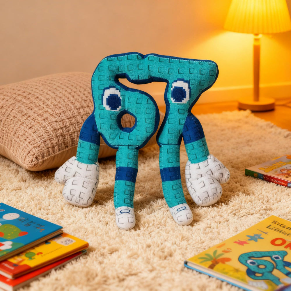 Bluezy Brainrot 67 plush side view, eye-catching shelf decor for fans.
