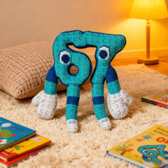 Bluezy Brainrot 67 plush side view, eye-catching shelf decor for fans.