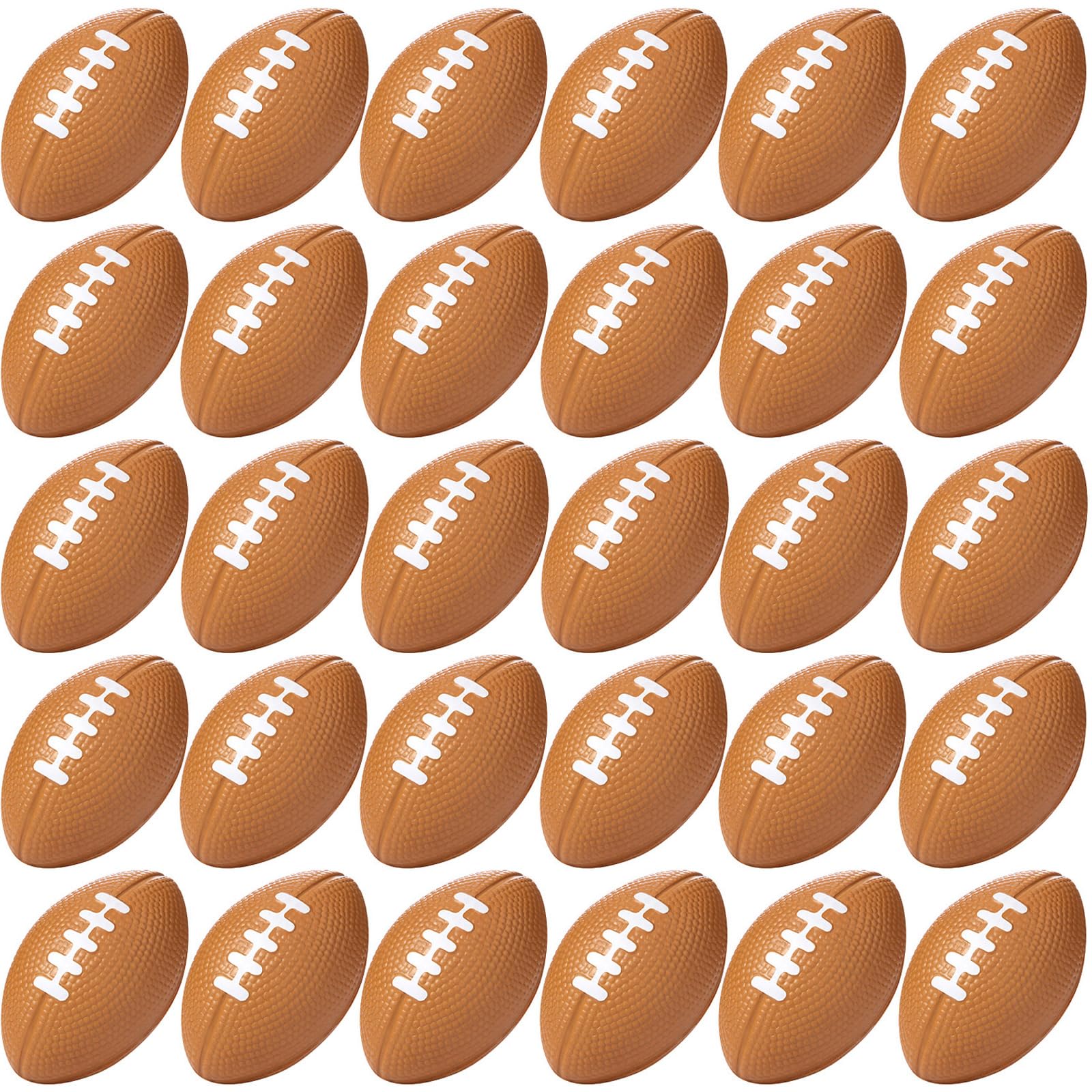 Blulu mini foam footballs 30-pack with soft, squeezable texture for stress relief and play.