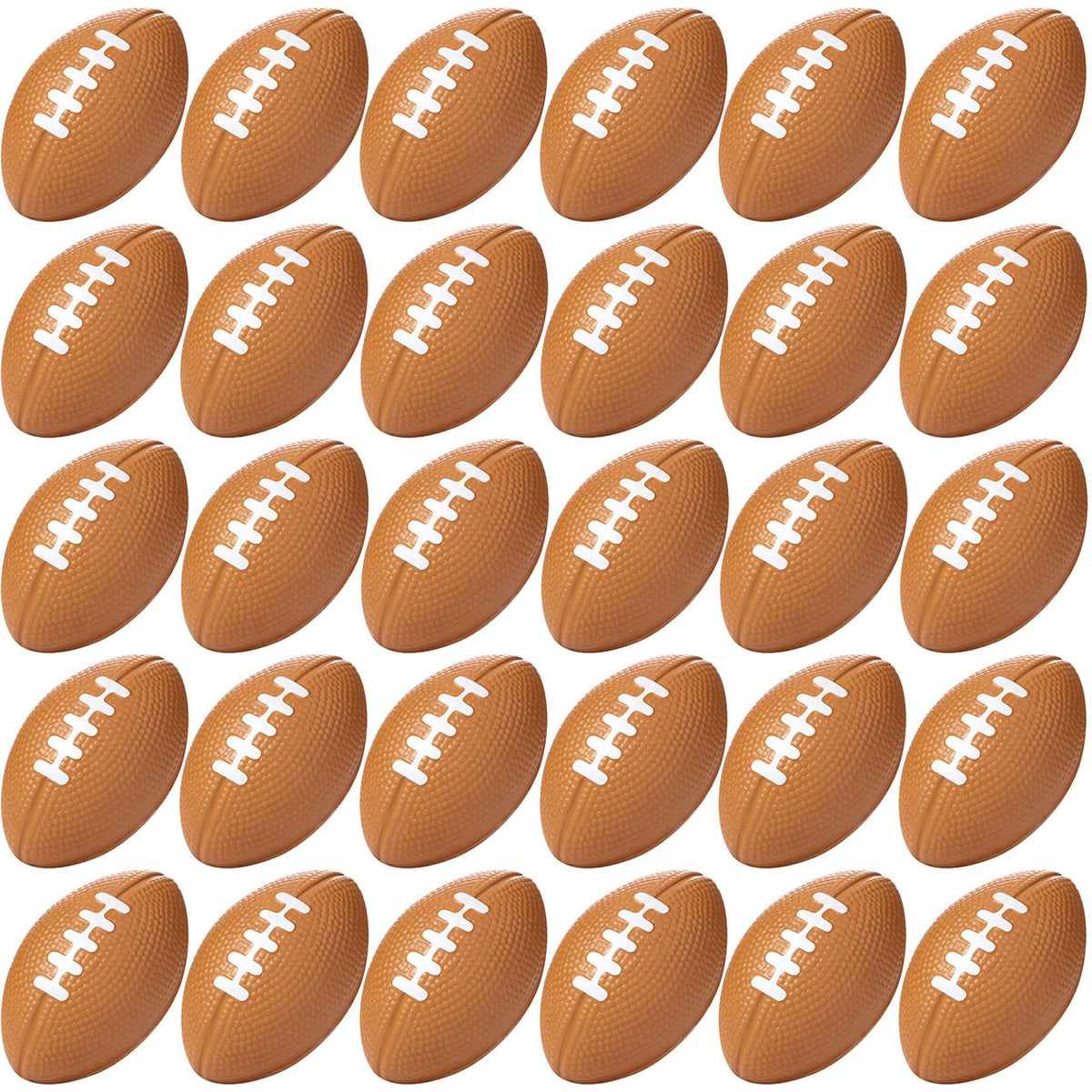 Blulu mini foam footballs 30-pack with soft, squeezable texture for stress relief and play.
