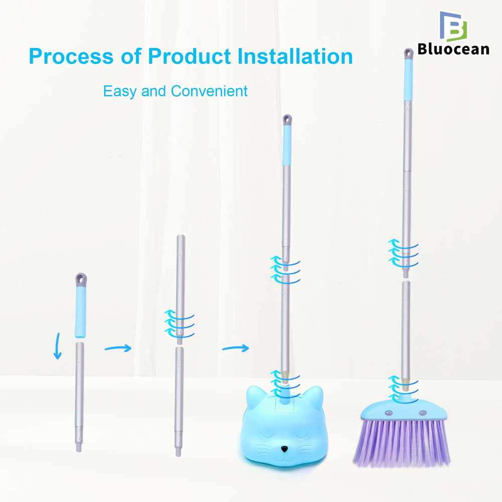 Bluocean soft-bristles broom protects floors during playtime cleaning.