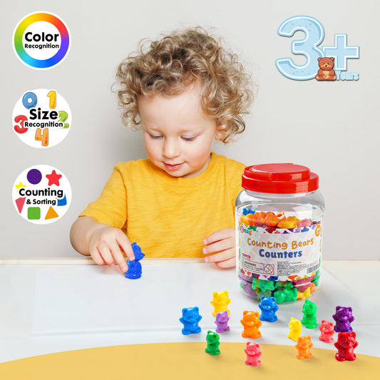 Bmag color sorting bears beside a storage jar for organized learning sessions.