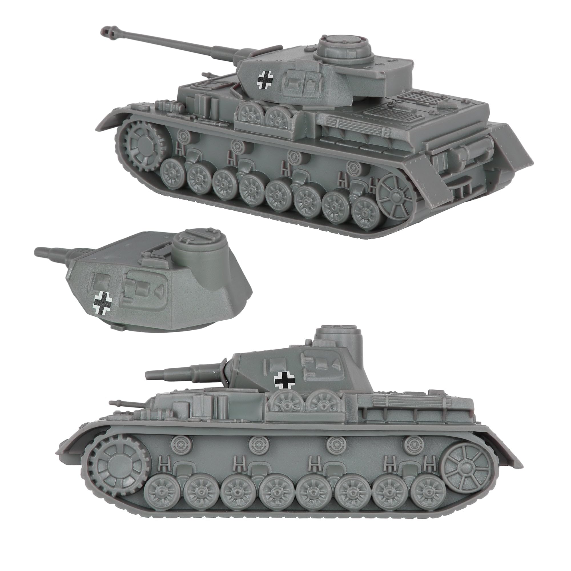 BMC Toys Panzer IV gray turret rotation and elevating barrel in dynamic pose.