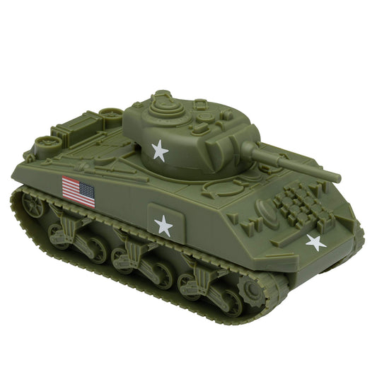 BMC Toys Sherman M4 tank in olive drab, angle view for play-ready detail.