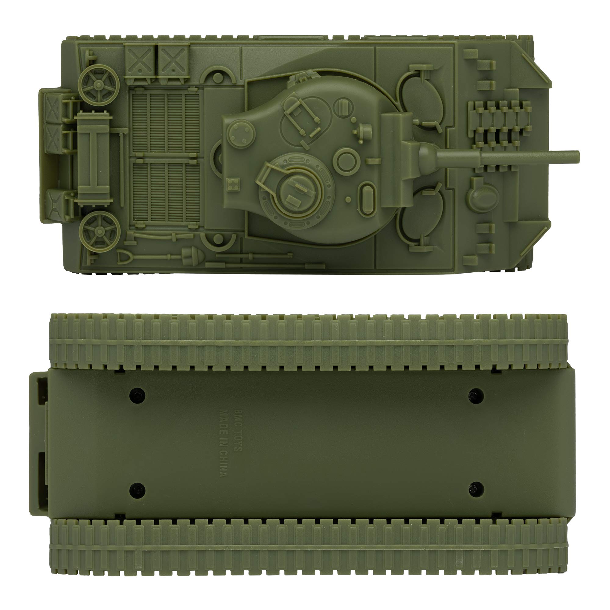 BMC Toys Sherman M4 tank side profile showing durable olive drab construction.