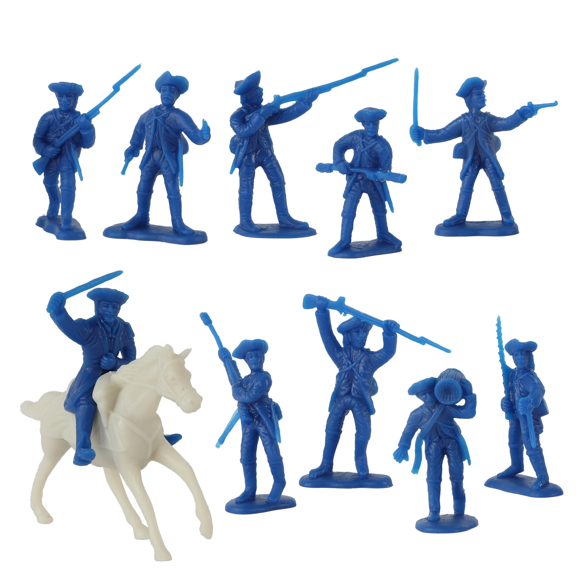 Blue colonial American figures by BMC Toys for historical reenactment scenes.