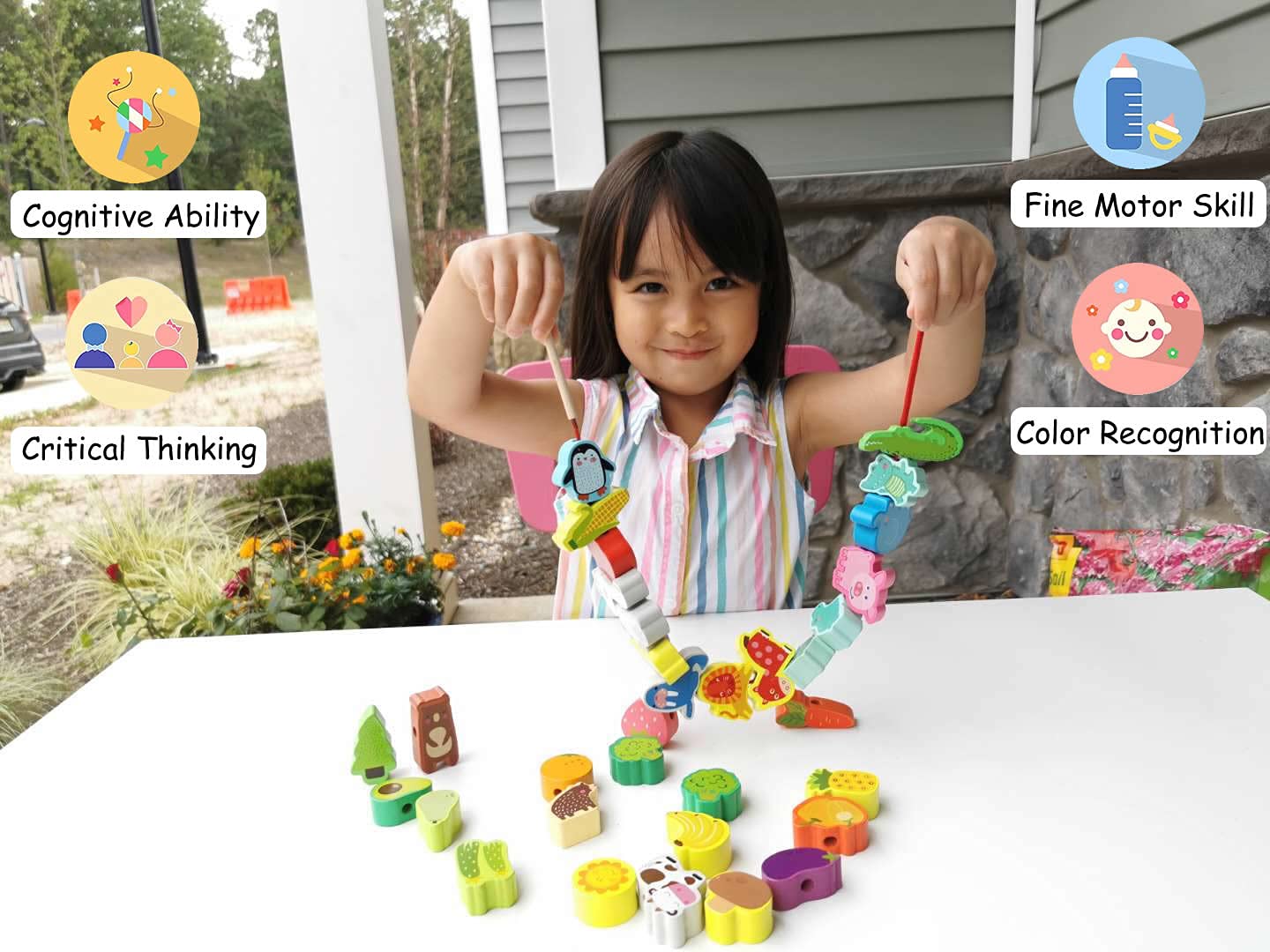 BMTOYS laces and sticks demonstrate simple, safe threading practice.