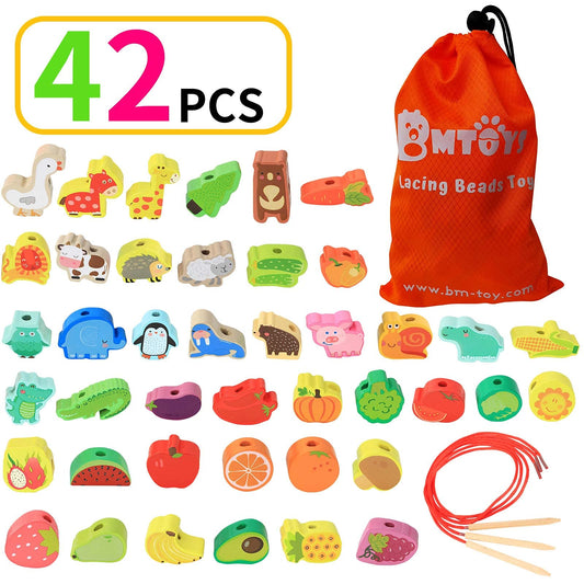 BMTOYS threading fruits beads to teach counting and recognition.