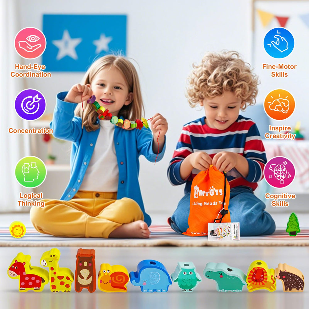 BMTOYS threading toy in action with a smiling toddler.