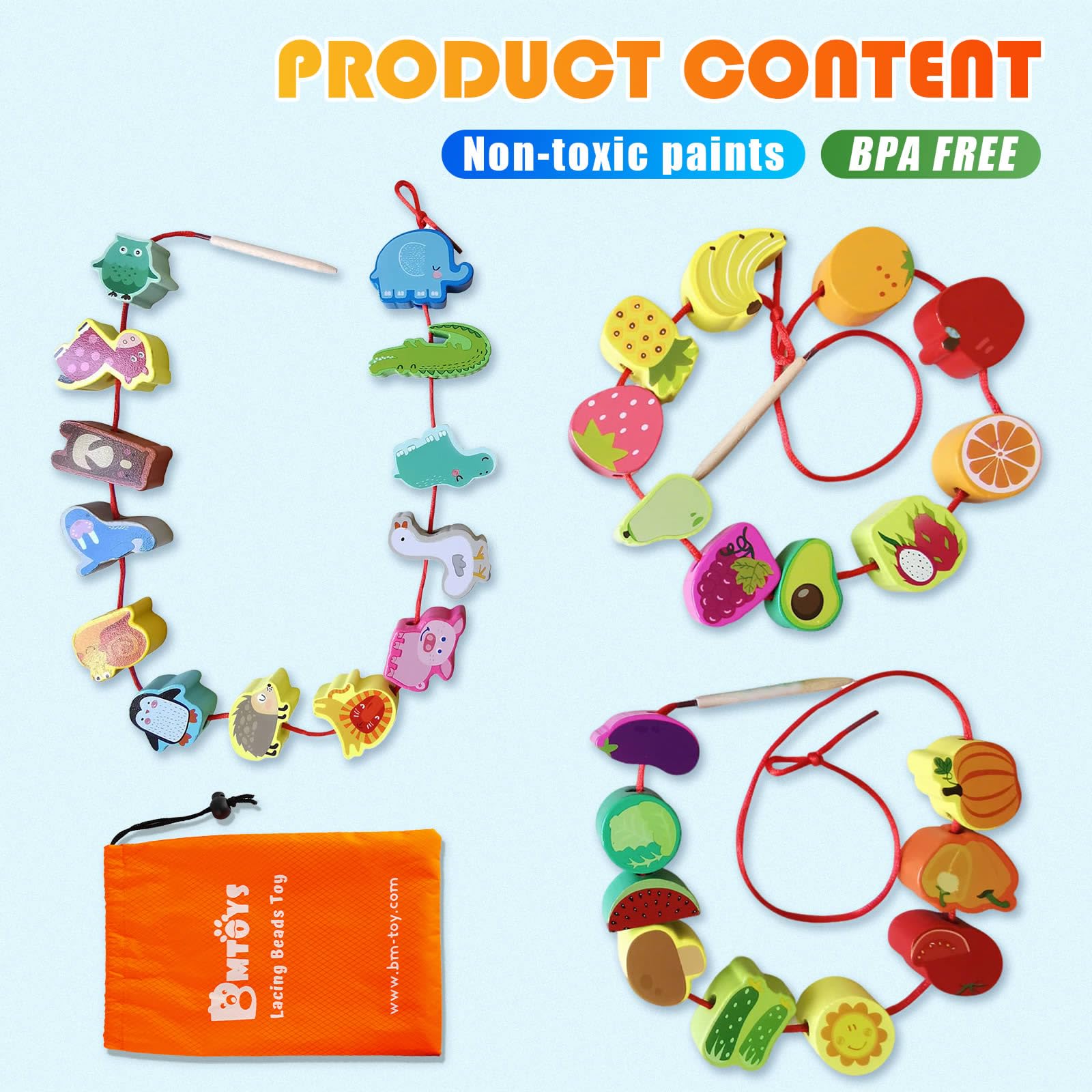 BMTOYS wooden lacing beads set highlights smooth, kid-friendly design.