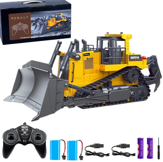 bnam remote control bulldozer front view shows durable alloy loader for indoor and outdoor play
