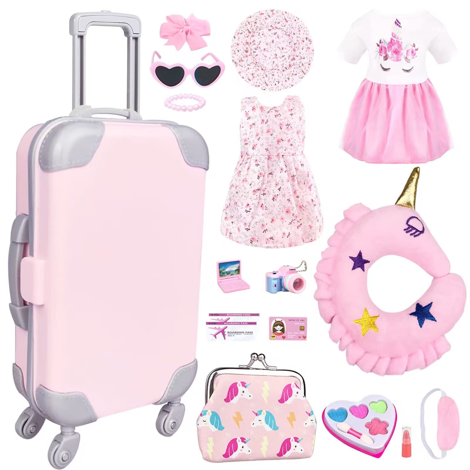 BNUZEIYI 18-inch doll travel luggage with rotating wheels for easy transport.