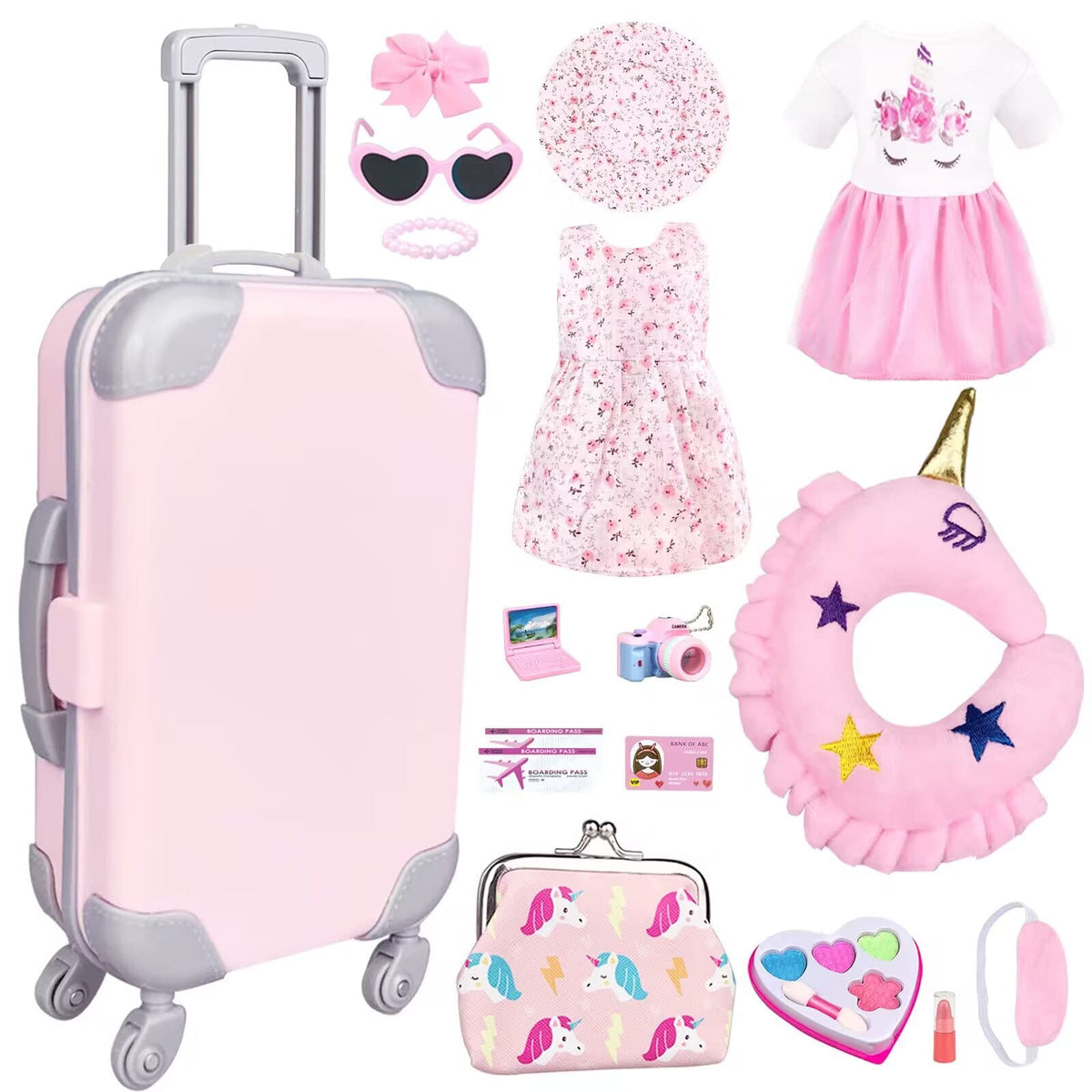 BNUZEIYI 18-inch doll travel luggage with rotating wheels for easy transport.