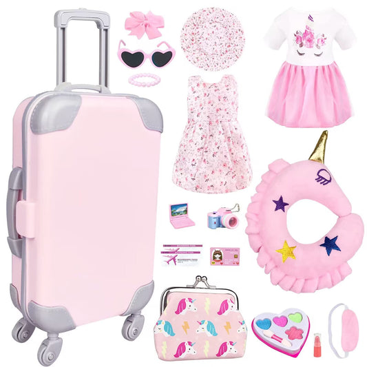BNUZEIYI 18-inch doll travel luggage with rotating wheels for easy transport.
