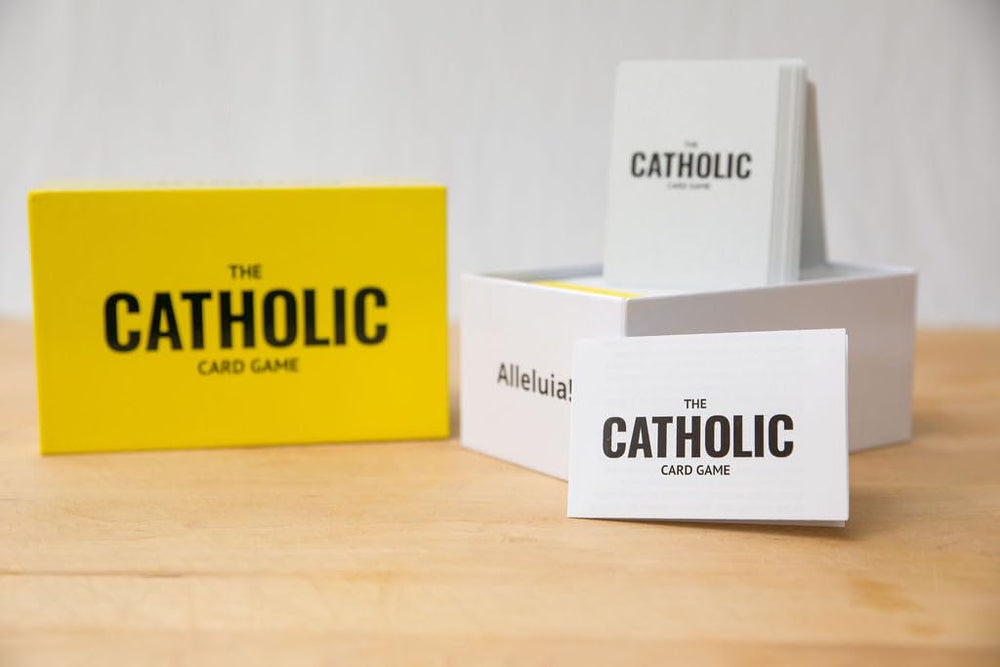 The Catholic Card Game box packaging, portable for gifts and gatherings.