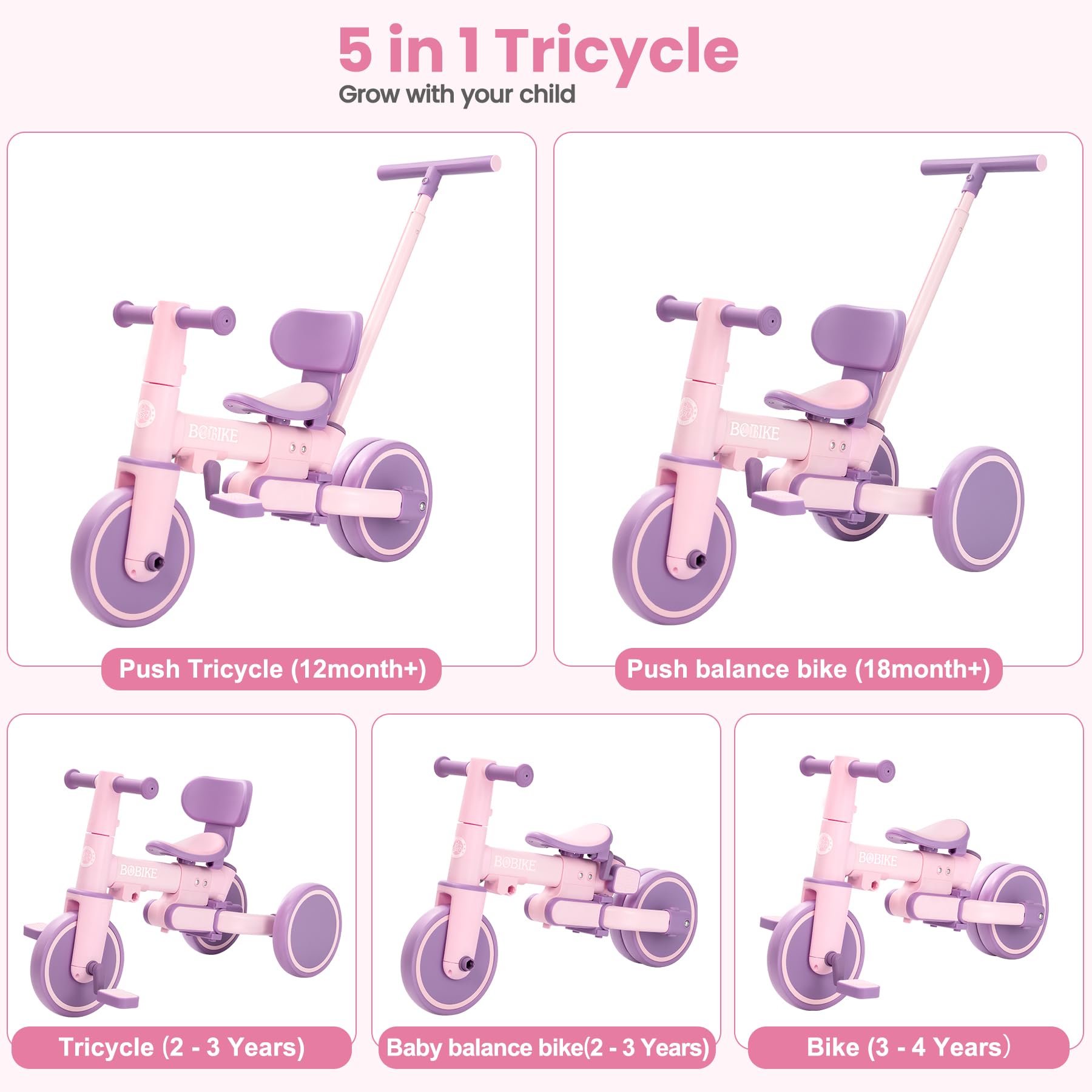 Bobike 5-in-1 tricycle mode switch with pedal removal for quick conversion.
