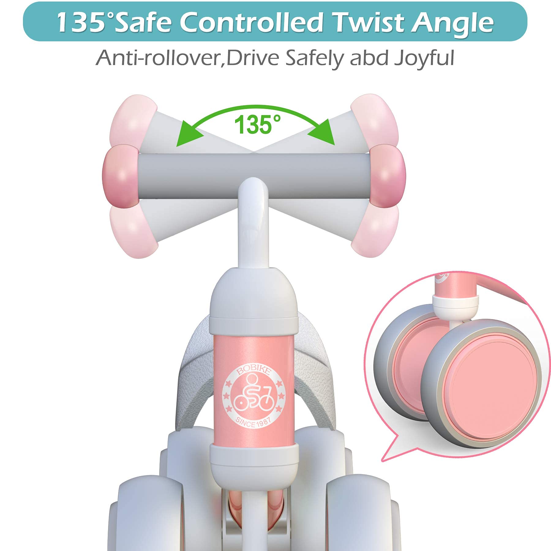 Bobike pink steel frame detail showcases sturdy construction.