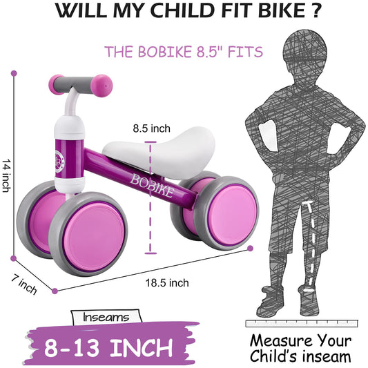 Bobike baby balance bike purple, side view showing stability and posture