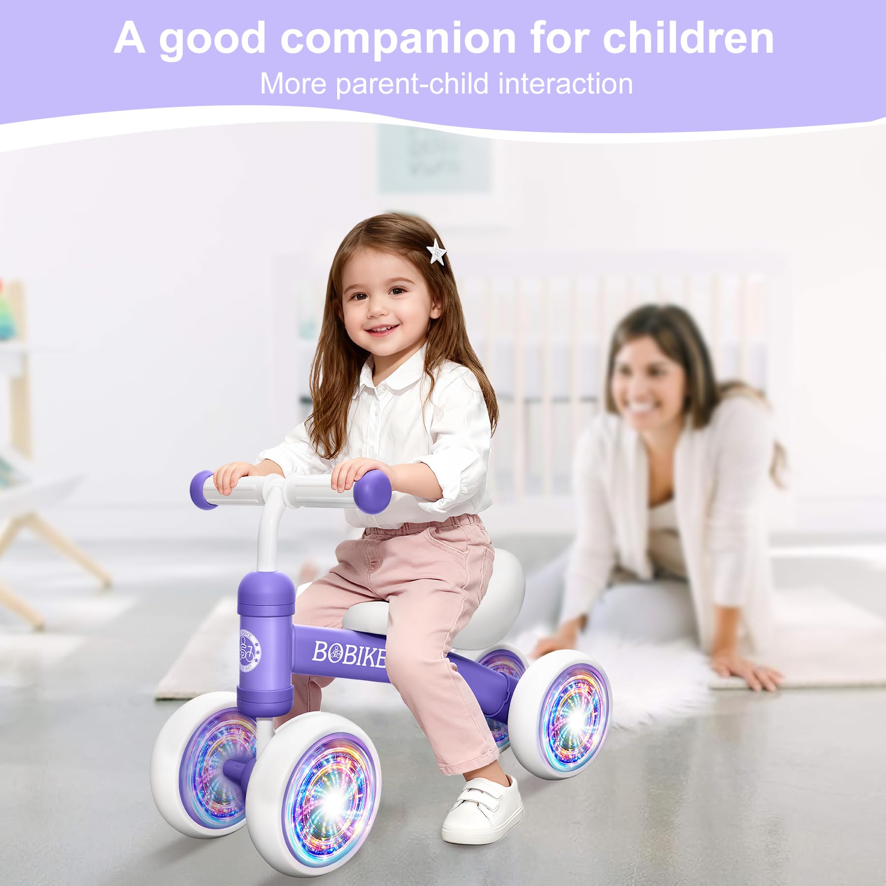 Bobike baby balance bike seat demonstrates comfort for toddlers during practice rides.