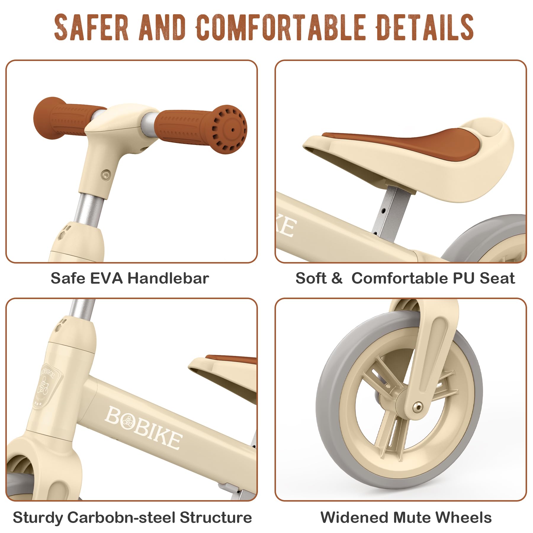 Enclosed non-slip wheels on Bobike beige balance bike for safer rides