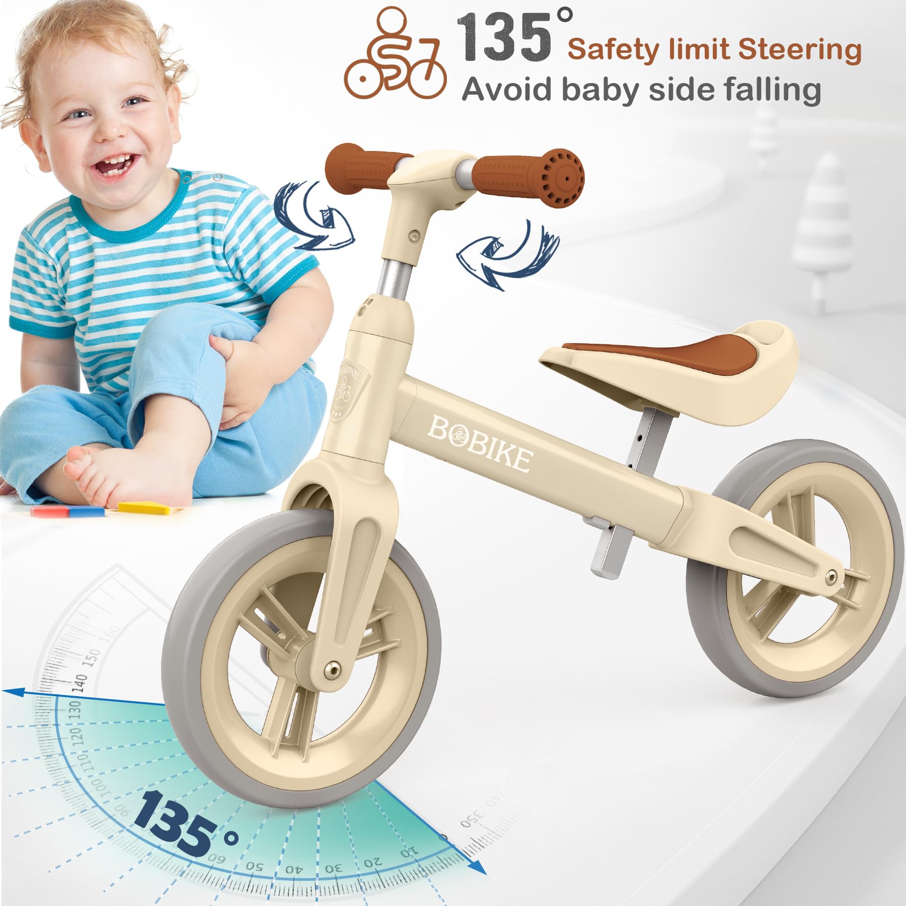 Safety-certified Bobike beige balance bike with ASTM F963-11 and EN71 features