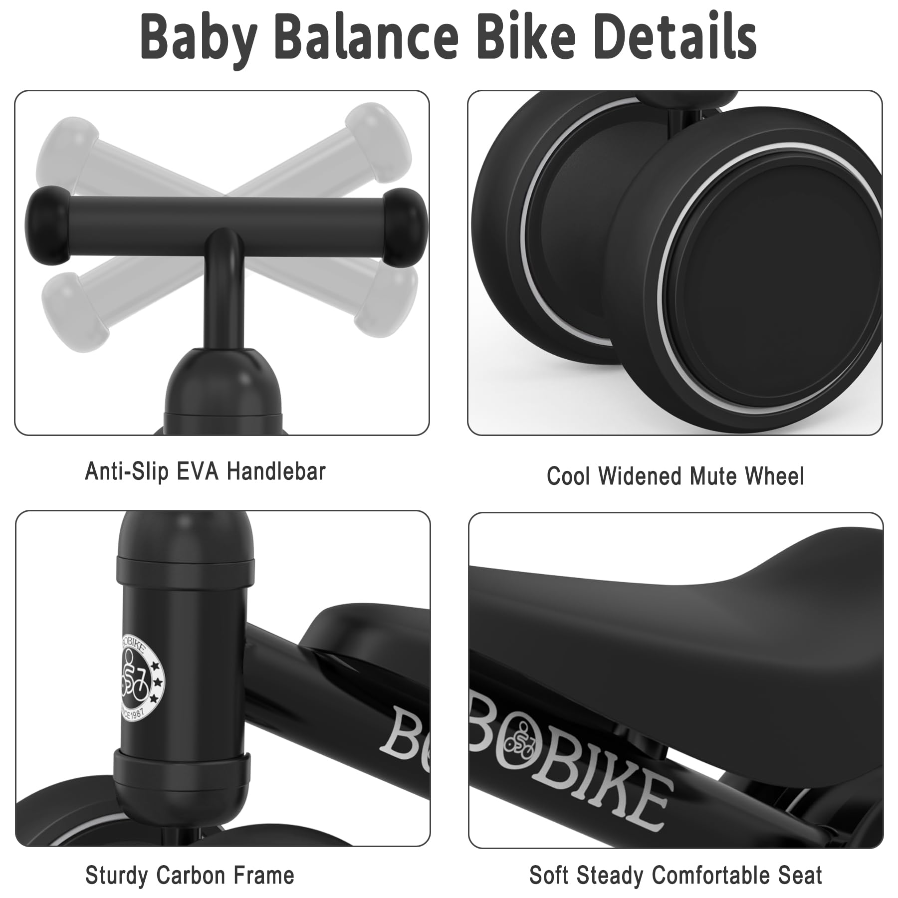 Bobike balance bike black front view shows sturdy steel frame.