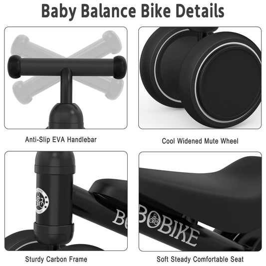 Bobike balance bike black front view shows sturdy steel frame.
