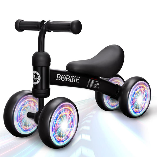 Bobike balance bike shows colorful four-wheels for stable beginner rides.